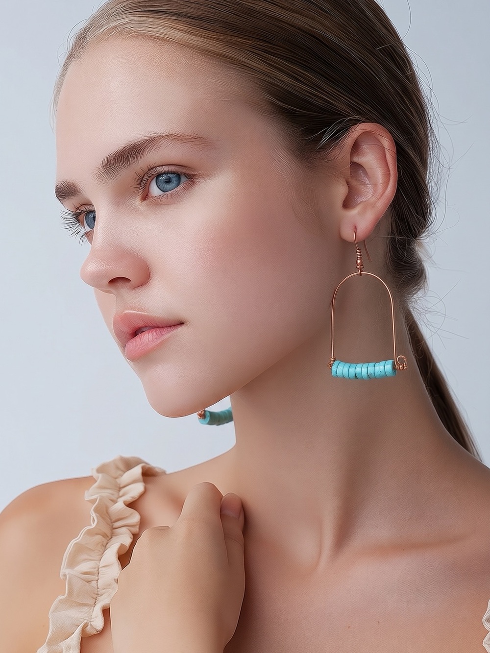 Genuine Turquoise Beaded Hoop Drop Earrings - Wire Wrapped. - Picture 9 of 9